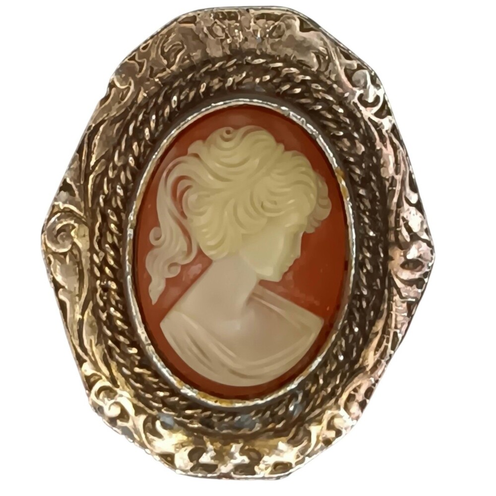 Vintage Cameo Brooch Pendant Ornate Goldtone Peach Pink Victorian Signed PERI